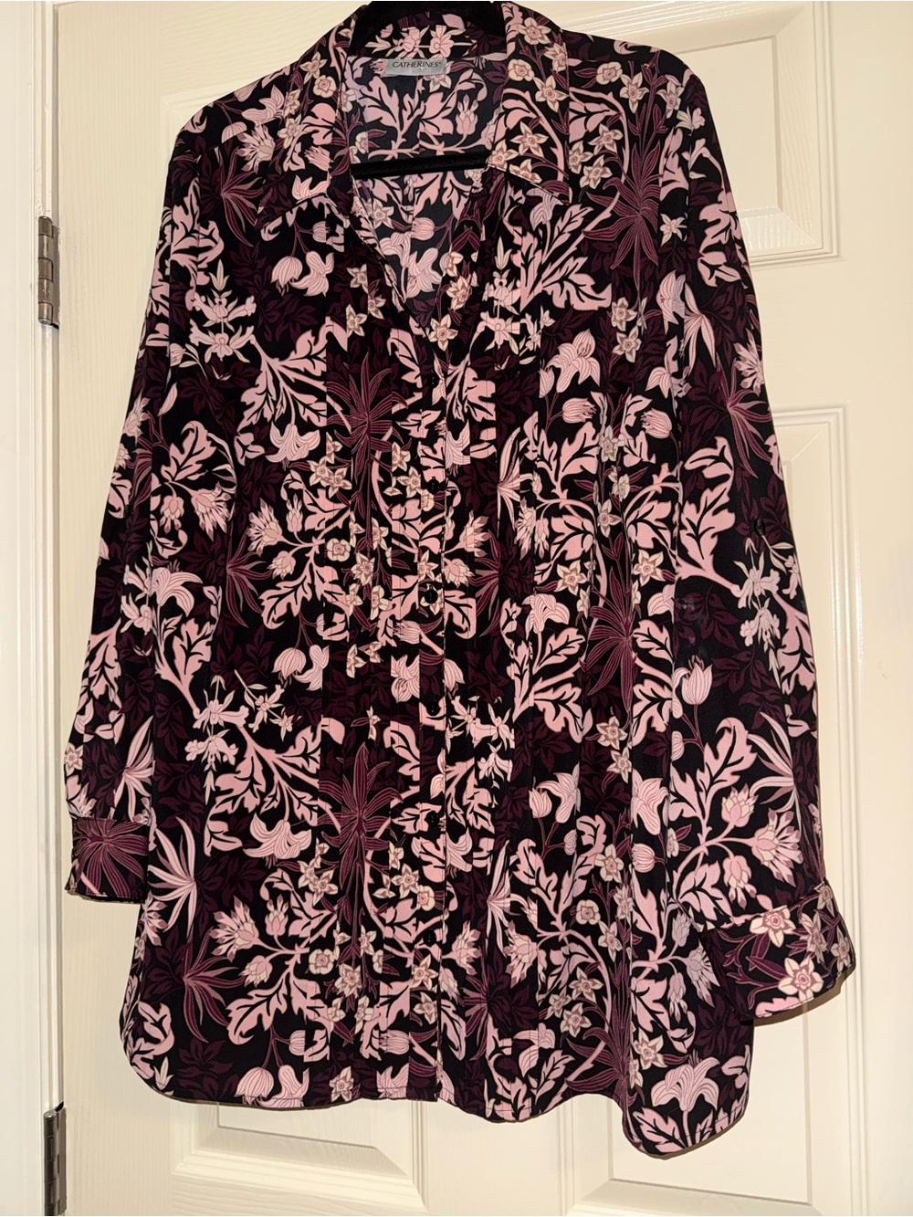 Catherines Black Button-Down Shirt with Pink Floral Print